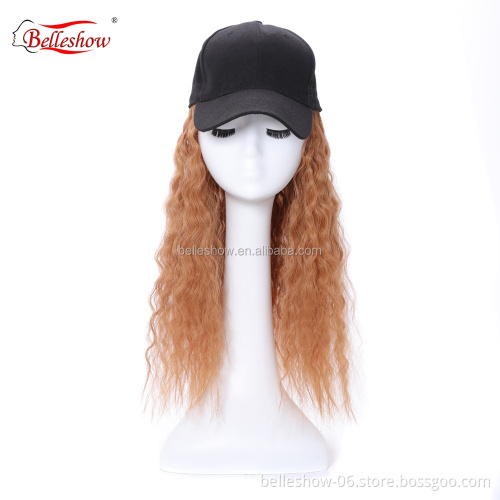 Hot sell synthetic hair and human hair black basketball hat Light brown wool roll hat wig  long curly wig